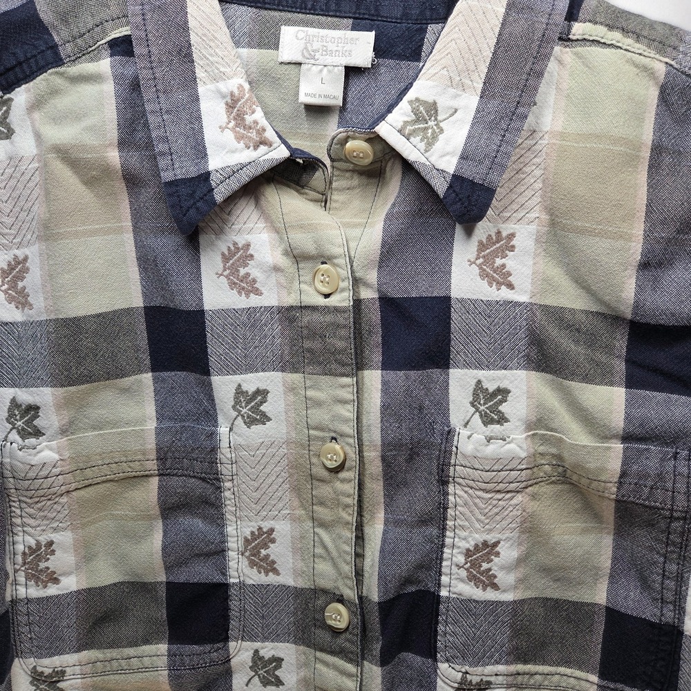 Cottagecore‎ Christopher & Banks Large Blue Green Plaid Leaves Long Sleeve Shirt